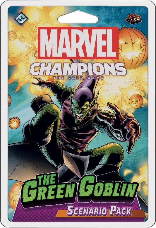 The cover of Marvel Champions: The Card Game – The Green Goblin Scenario Pack by Fantasy Flight Games shows Norman Osborn as Green Goblin on his glider, tossing pumpkin bombs with a wicked grin against a vibrant background.