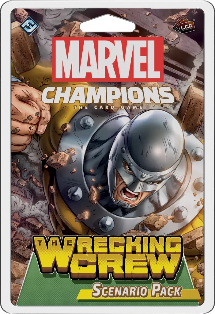 Marvel Champions: The Card Game – The Wrecking Crew Scenario Pack by Fantasy Flight Games features a villain in a helmet smashing through a wall on its cover, with debris flying around.
