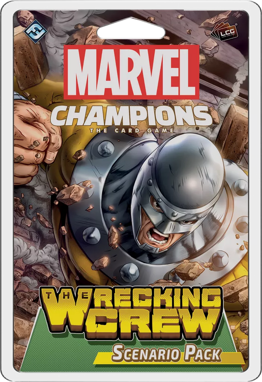 Marvel Champions: The Card Game – The Wrecking Crew Scenario Pack by Fantasy Flight Games features a villain in a helmet smashing through a wall on its cover, with debris flying around.