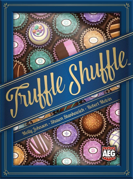 Box cover for Truffle Shuffle by Alderac Entertainment Group features illustrated chocolate truffles in colorful wrappers, the title in bold gold script, designer names at the bottom, and the AEG logo in the lower right corner.