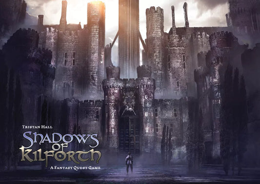 At dusk, a lone figure faces a towering gothic castle as the stylized text "Shadows of Kilforth: A Fantasy Quest Game" by Hall or Nothing Productions is displayed prominently.