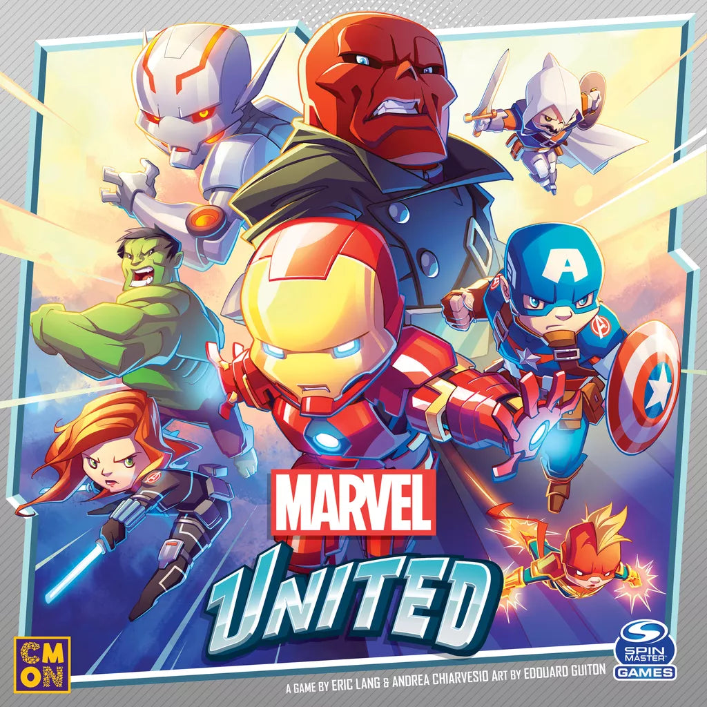 Cartoon-style Marvel heroes and villains, like Iron Man, Captain America, Red Skull, Hulk, Black Widow, Captain Marvel, and Ultron pose dynamically with the Cool Mini Or Not Marvel United board game logo at the bottom.