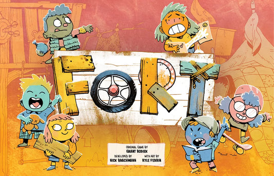Six cartoon kids joyfully play near a large wooden sign reading "Fort," holding pizza, a bat, and skateboards—just like in Fort, the fun kids deck-building game from Leder Games—set against bright orange doodle designs.