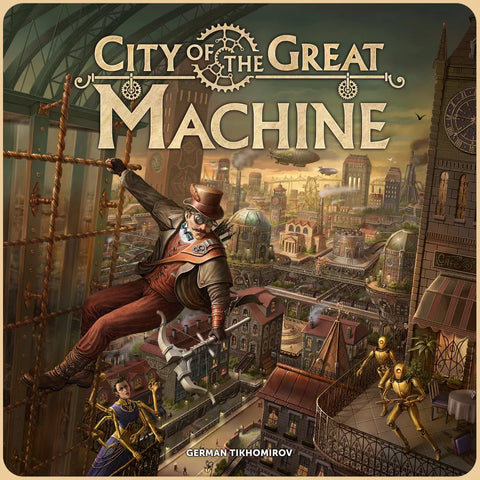 In City of the Great Machine Bundle by CrowD Games, a Victorian-clad figure with goggles swings from a rope above an intricate steampunk city as onlookers watch, capturing the game's immersive strategy and airship-filled skyline.