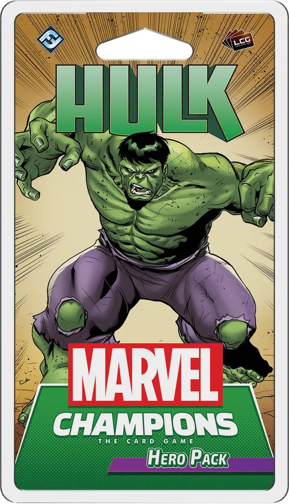 The packaging for Fantasy Flight Games' Marvel Champions: The Card Game – Hulk Hero Pack features the muscular green superhero in ripped purple pants, fists clenched, and a fierce expression.