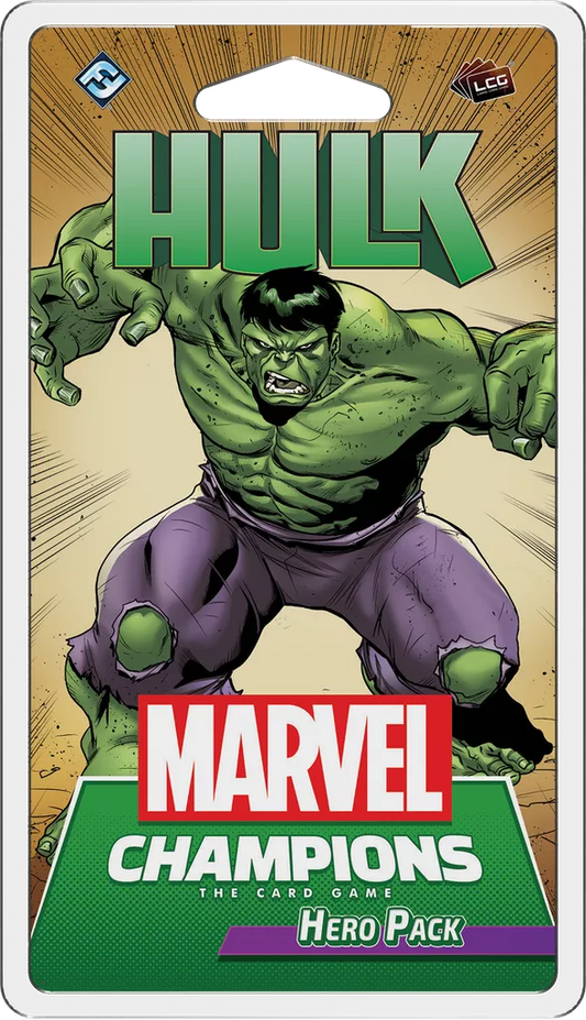The packaging for Fantasy Flight Games' Marvel Champions: The Card Game – Hulk Hero Pack features the muscular green superhero in ripped purple pants, fists clenched, and a fierce expression.