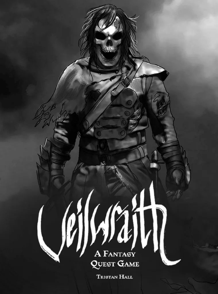 A menacing figure in tattered armor with a skull-like face stands in a dark mist. The text reads: Veilwraith: A Veil Odyssey Game, a solo fantasy deck-building card game from Hall or Nothing Productions.