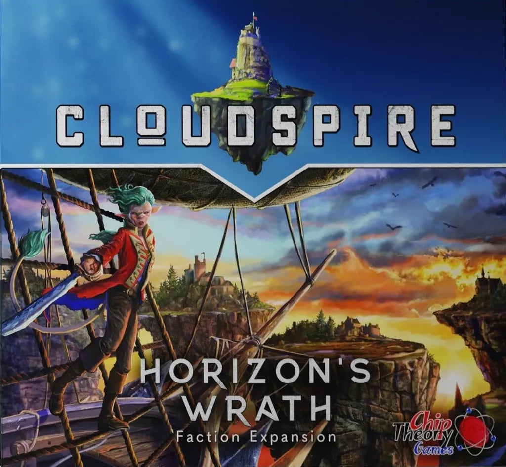 Box art for Cloudspire: Horizon's Wrath – Faction Expansion by Chip Theory Games features a fantasy airship, a sword-wielding character on deck, floating island, dramatic sky, and highlights new gameplay innovations. Brand logo included.