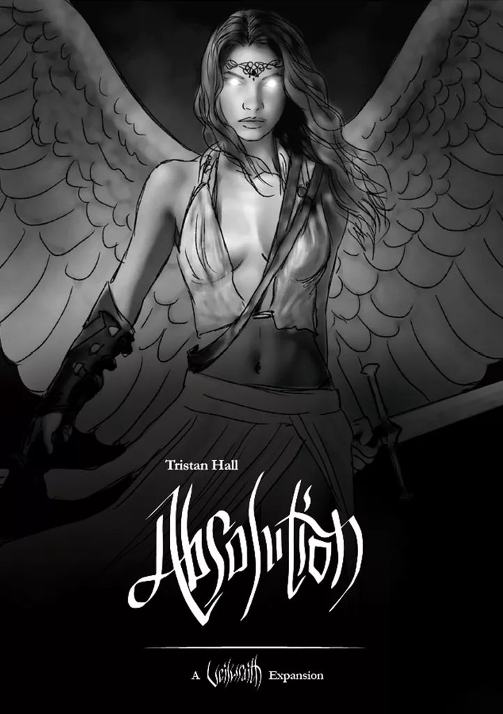 A grayscale illustration of a fierce angel with large wings, armor, and sword. She wears a circlet and flowing garments. The text reads “Veilwraith: Absolution” by Hall or Nothing Productions.