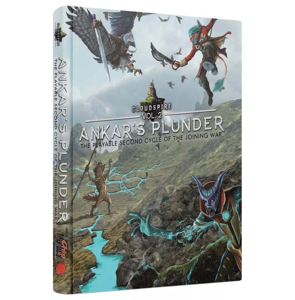 The Cloudspire: Vol. 2 Ankar's Plunder board game by Chip Theory Games features fantasy characters, including a winged beast and armored warriors, battling in a rocky landscape inspired by The Joining War lore and art book.