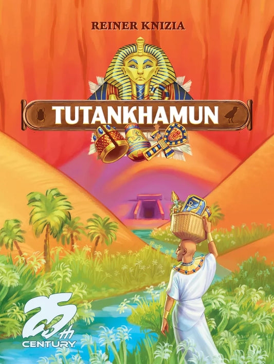 Illustrated cover for the Tutankhamun board game by 25th Century Games featuring an Egyptian queen with a basket, the Nile, palm trees, desert, Sphinx, and pyramid. The 25th Century Games logo appears at the bottom left.