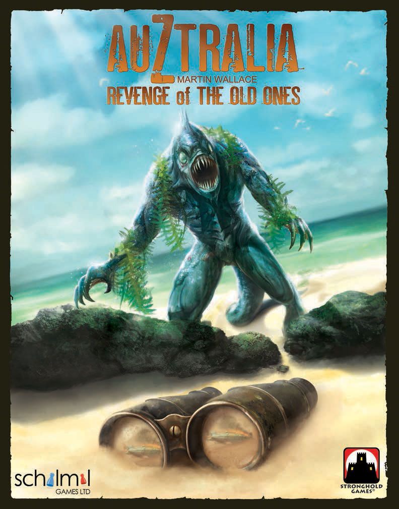 A monstrous, seaweed-covered creature from the AuZtralia Revenge of the Old Ones Expansion by SchilMil Games rises from the ocean onto a sandy beach. Abandoned binoculars rest in the foreground beneath a blue, cloud-streaked sky.