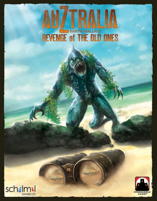 A monstrous, seaweed-covered creature from the AuZtralia Revenge of the Old Ones Expansion by SchilMil Games rises from the ocean onto a sandy beach. Abandoned binoculars rest in the foreground beneath a blue, cloud-streaked sky.