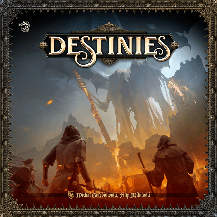 Three cloaked figures confront a spectral giant with a glowing staff amid fiery ruins—a medieval fantasy adventure from Destinies by Lucky Duck Games. "DESTINIES" appears at the top in ornate letters.