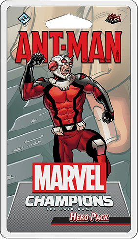 Packaging for Marvel Champions: The Card Game – Ant-Man Hero Pack by Fantasy Flight Games features Ant-Man in his red and black suit, fist raised, with the Marvel logo and game title below the character illustration.