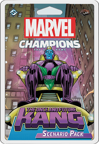 The image shows the Marvel Champions: The Card Game – The Once and Future Kang Scenario Pack by Fantasy Flight Games, featuring Kang the Conqueror seated on a throne before a futuristic city.