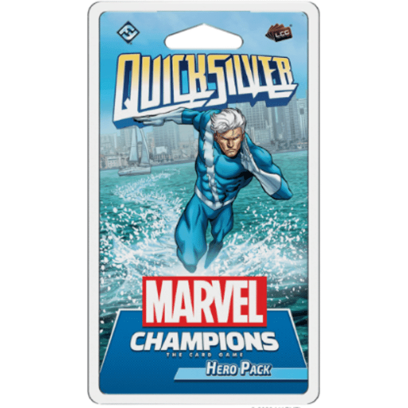 A Fantasy Flight Games card pack for Marvel Champions: The Card Game, featuring Quicksilver in a blue and white suit running on water with a city backdrop. Titled “Quicksilver Hero Pack.”.