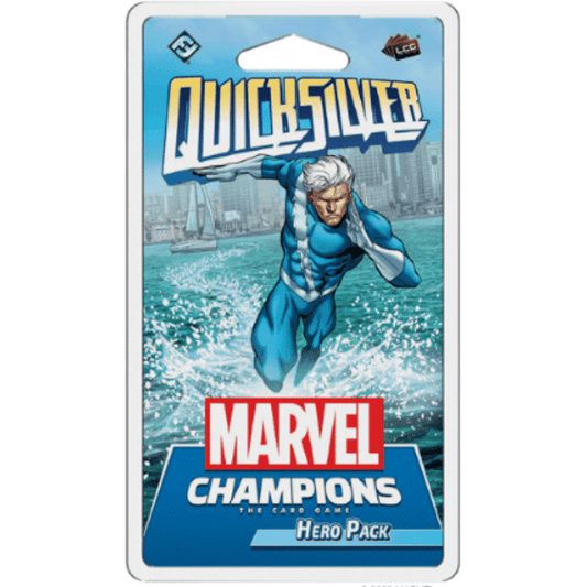 A Fantasy Flight Games card pack for Marvel Champions: The Card Game, featuring Quicksilver in a blue and white suit running on water with a city backdrop. Titled “Quicksilver Hero Pack.”.