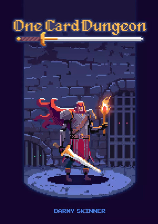 A pixel art knight with a torch and sword, red cape flowing, stands in a dungeon before a barred cell. Above and below are the title “One Card Dungeon” and brand “Little Rocket Games,” highlighting this solo dungeon crawl.