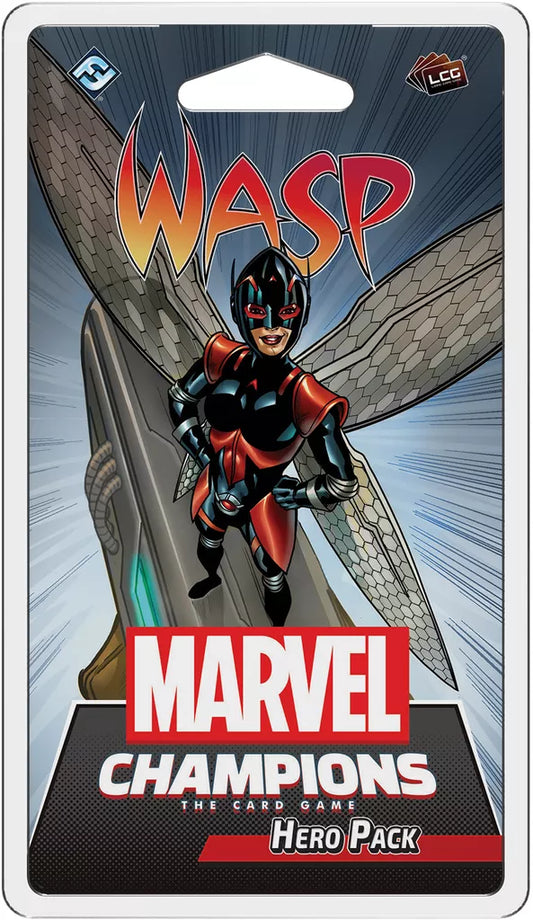 Illustration of Marvel’s Wasp in a black and red suit with wings extended decorates the packaging for Fantasy Flight Games' Marvel Champions: The Card Game – Wasp Hero Pack, which includes a ready-to-play deck. Bold WASP and MARVEL CHAMPIONS logos are fea