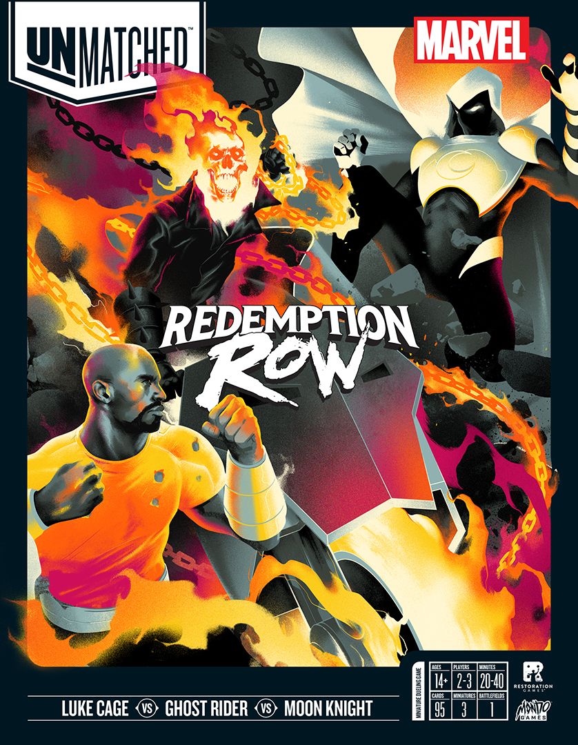 Comic-style art shows Luke Cage, Ghost Rider, and Moon Knight with "Redemption Row" in bold. Marvel and Unmatched logos reveal it's Unmatched: Redemption Row by Restoration Games, a tactical fighting board game.