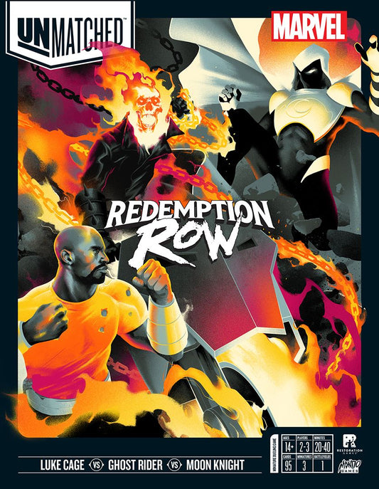 Comic-style art shows Luke Cage, Ghost Rider, and Moon Knight with "Redemption Row" in bold. Marvel and Unmatched logos reveal it's Unmatched: Redemption Row by Restoration Games, a tactical fighting board game.