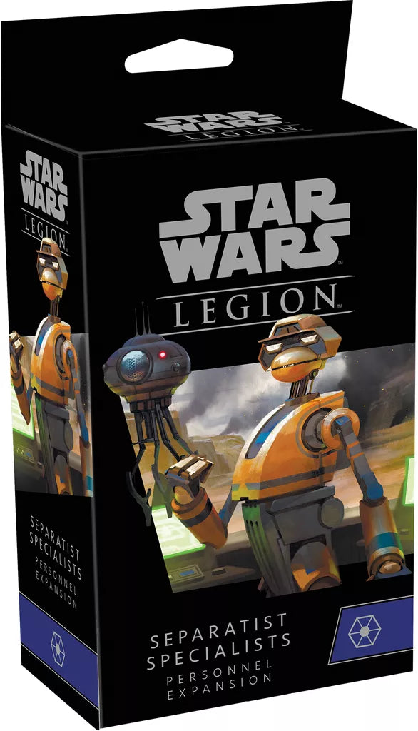 Fantasy Flight Games’ Star Wars: Legion Separatist Specialists Personnel Expansion features packaging with illustrated battle droids, a Tactical Droid, and a small probe droid.