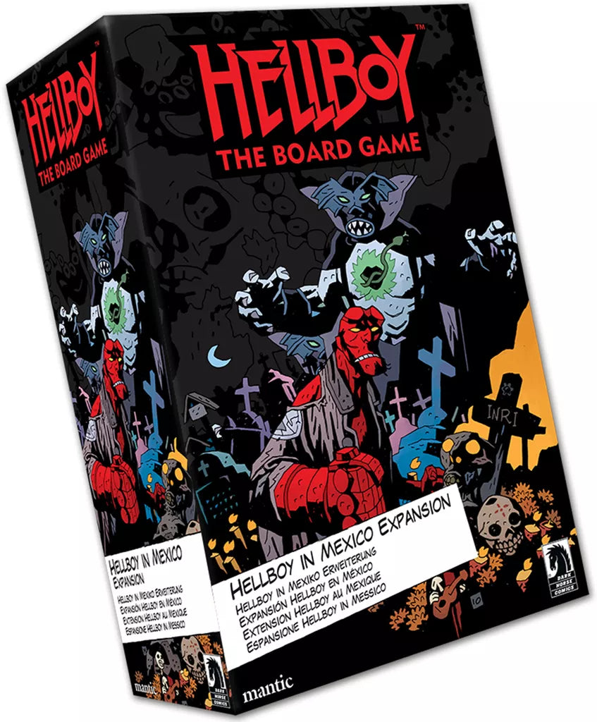 Box for Hellboy: The Board Game – In Mexico Expansion by Mantic Games, showcasing comic-style art of Hellboy in a graveyard with skeletons and gravestones—ideal for fans of the board game and hero miniatures.