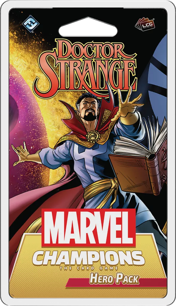 The Marvel Champions: The Card Game – Doctor Strange Hero Pack by Fantasy Flight Games features Sorcerer Supreme Doctor Strange casting a spell and holding a book, with the Marvel and Champions logos shown at the bottom of the box.