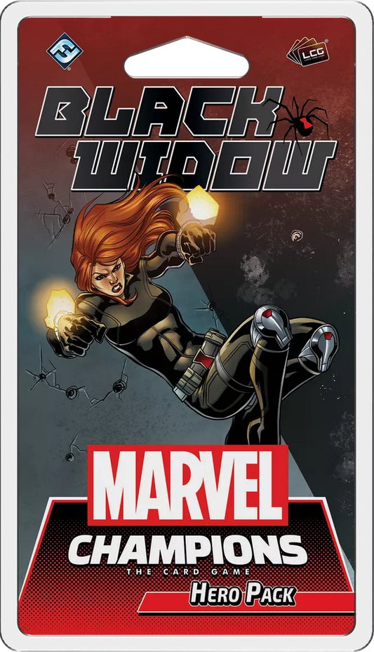 Packaging for the Marvel Champions: The Card Game – Black Widow Hero Pack by Fantasy Flight Games showcases Black Widow in action and is ideal for Marvel Universe deck-building fans. The Marvel logo and game title appear below.