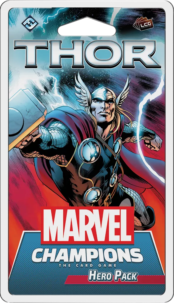 The Marvel Champions: The Card Game – Thor Hero Pack by Fantasy Flight Games features illustrated packaging with Thor wielding Mjolnir amid lightning, and prominently displays the Marvel logo and Thor.