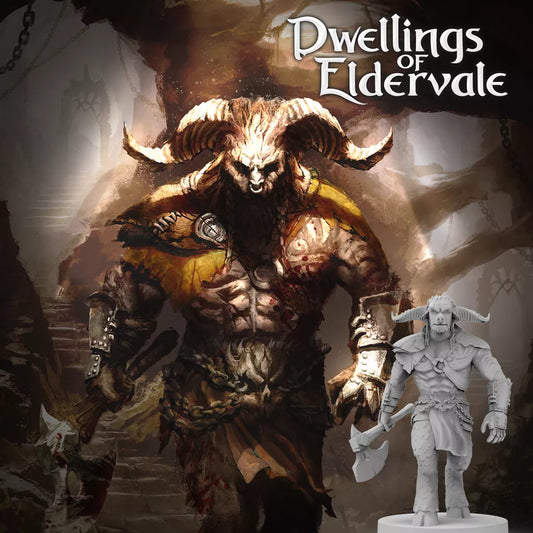 The Dwellings of Eldervale: Minotaur Mercenary Miniature by Breaking Games features a horned, armored Minotaur wielding an axe, posed before dramatic fantasy artwork of the creature. Text displays "Dwellings of Eldervale.