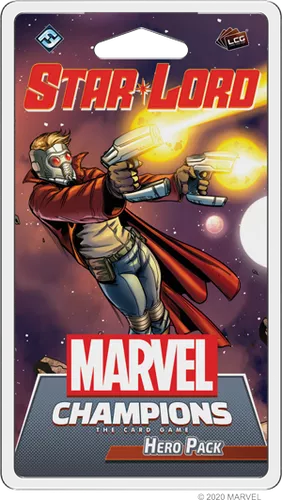 The Marvel Champions: The Card Game – Star-Lord Hero Pack by Fantasy Flight Games features illustrated packaging with Star-Lord in his mask and red coat, firing blasters in space among planets and stars.