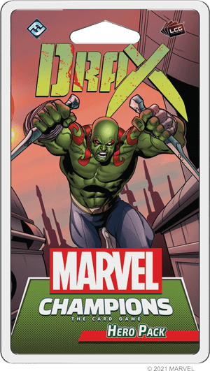 Packaging for Fantasy Flight Games’ Marvel Champions: The Card Game – Drax Hero Pack shows Drax, the muscular green Guardian of the Galaxy, wielding two knives and leaping forward with a fierce look.