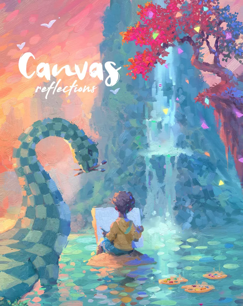 A person paints by a pond, facing a green serpent amid colorful leaves, a waterfall, and a pink tree, with cookies floating nearby. Text reads: Canvas: Reflections Expansion by Road To Infamy Games—an enchanting Art Card scene.