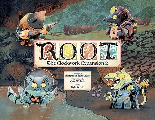 Four robotic woodland animals—a cat, bird, raccoon, and lizard—gather around the Leder Games title Root: The Clockwork Expansion 2, hinting at new automated opponents for your next Root board game adventure.