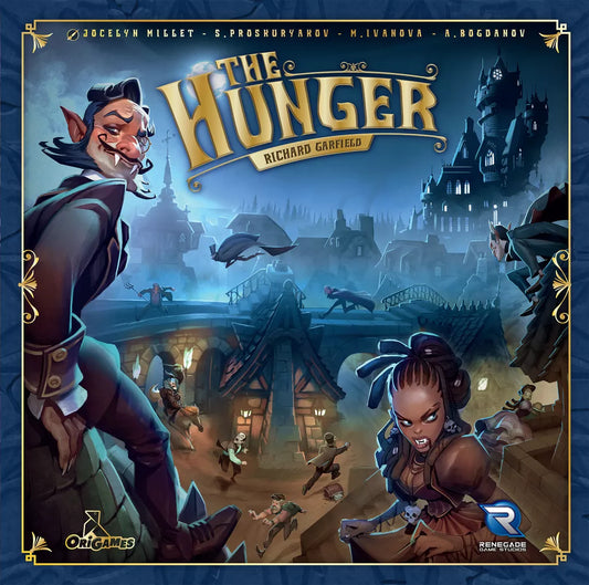 The cover art for The Hunger by Origames features vampires with glowing eyes prowling a gothic town at night, dramatic scenes, and the ornate deck-building game title.