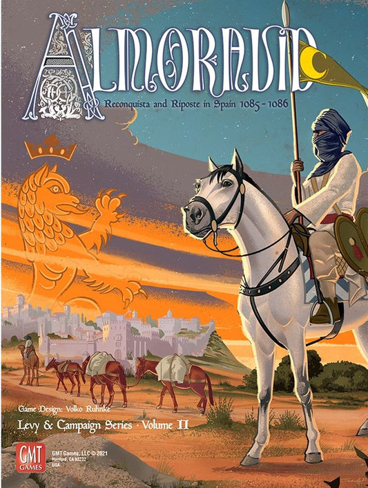 A mounted warrior in traditional armor rides before a medieval city, lance raised and cavalry behind. A golden lion emblem shines above. Almoravid: Reconquista and Riposte in Spain 1085-1086 by GMT Games, a Levy & Campaign Series board wargame.