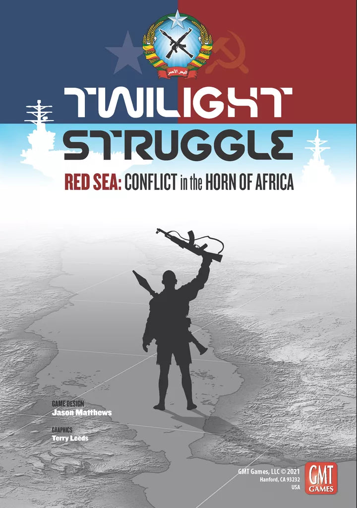 The cover of GMT Games' Twilight Struggle: Red Sea – Conflict in the Horn of Africa depicts a soldier’s silhouette with rifle, a map of Africa, and military ships set against a red, white, and blue Cold War-themed backdrop.