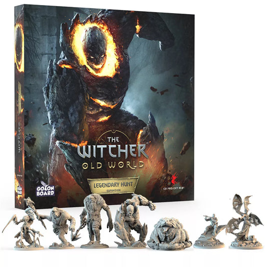 The Witcher: Old World – Legendary Hunt Expansion by CD Projekt RED features box art with a fiery Legendary Monster and includes seven detailed gray monster miniatures displayed in front of the box.