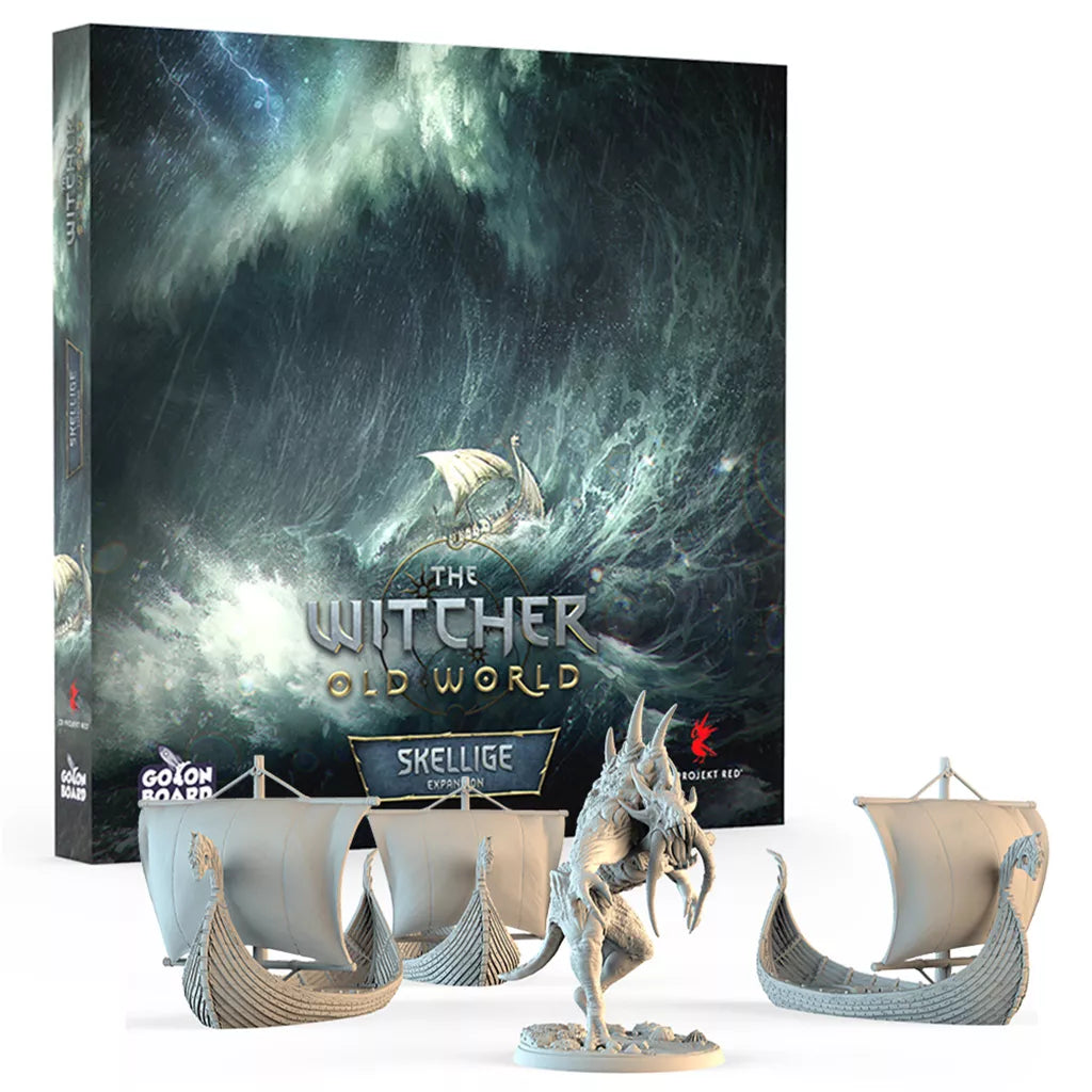 Box art for The Witcher: Old World – Skellige Expansion by CD Projekt RED features a stormy sea, Viking-style ships, and includes four detailed miniatures: three ships and one armored creature.