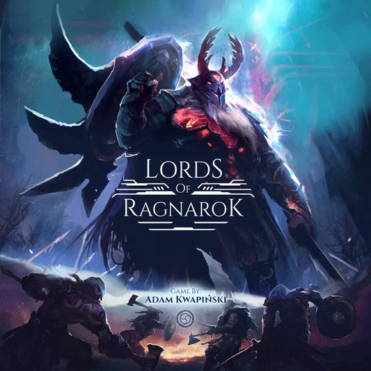 Awaken Realms' Lords of Ragnarok features fantasy art of a massive armored warrior with glowing red eyes and horns in swirling mist, confronting three smaller armed foes—a vivid scene highlighting the game's asymmetric hero strategy.