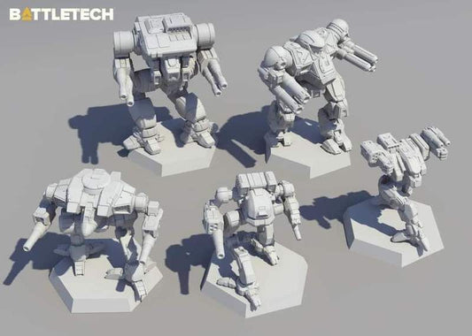 BattleTech: Clan Fire Star by Catalyst Game Labs includes five unpainted Clan OmniMechs miniatures on hex bases, each with detailed limbs, armor, and weapons—ideal for Alpha Strike games.