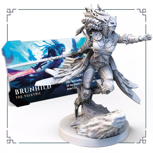 A detailed white Valkyrie hero miniature in ornate armor with feathered wings stands on a rocky base. Behind it, a colorful "Lords of Ragnarok: Valkyrie Hero" card from Awaken Realms displays fantasy art from the Valkyrie expansion.