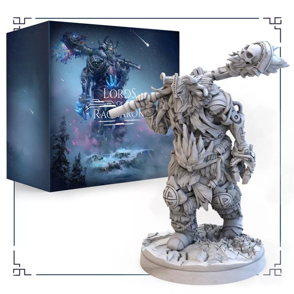 A detailed gray miniature from Awaken Realms’ “Lords of Ragnarok: Utgard – Realms of the Giants” depicts an Ice Giant with a spiked club on rocky terrain before a game box showing an armored figure in a snowy, mystical setting.
