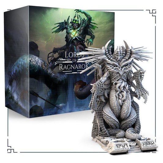 A detailed Nagflar figurine with tentacles and spiky armor sits before the Awaken Realms Lords of Ragnarok: Seas of Aegir box, which showcases dark fantasy art of a multi-armed creature amid lightning.