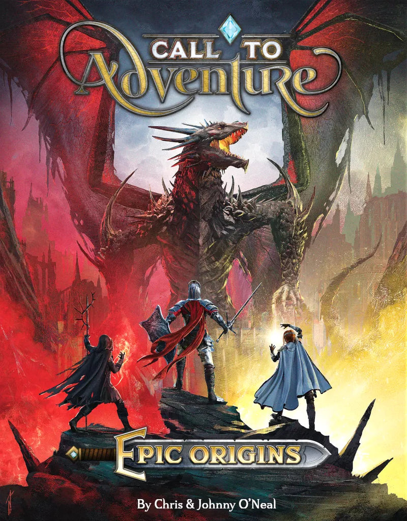 Three adventurers confront a dragon in a blazing realm, with "Call to Adventure: Epic Origins" by Brotherwise Games above them and the creators’ names, Chris & Johnny O’Neal, displayed below.