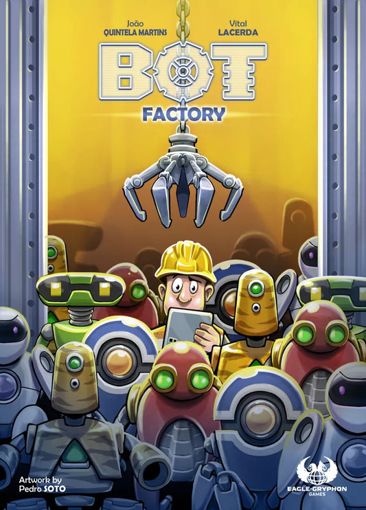A cartoon worker in a yellow hard hat holds a clipboard, surrounded by colorful robots beneath a giant claw in the Bot Factory (Kickstarter Edition) worker-placement game from Eagle-Gryphon Games, inspired by Kanban.