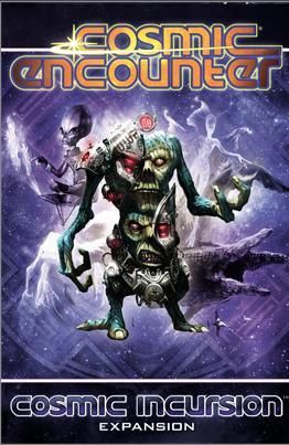 Cover art for Fantasy Flight Games' Cosmic Encounter: Cosmic Incursion Expansion, showing a multi-faced alien with mechanical elements amid a starry space background and other aliens.