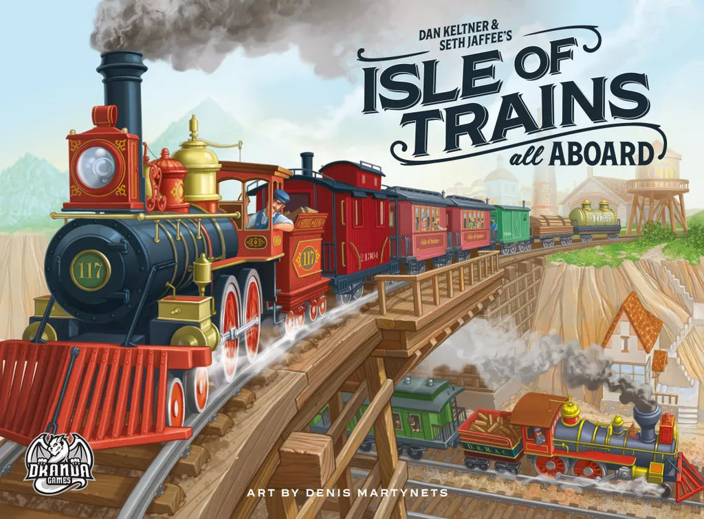 A vibrant card from Isle of Trains: All Aboard by Dranda Games shows colorful steam trains on wooden bridges across a scenic island. A red and black train, numbered 117, leads with its conductor waving; lush hills and tracks form the backdrop.